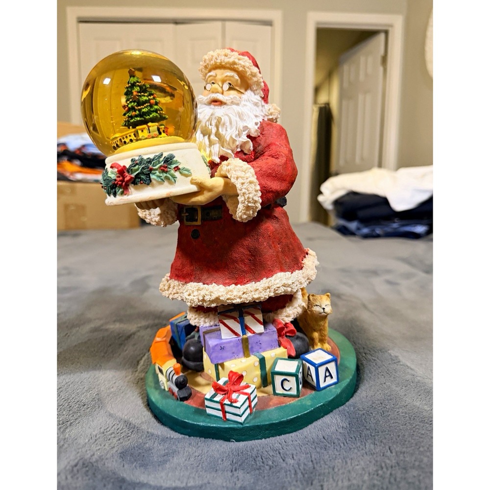 Santa Claus Christmas Snow Globe Figurine Toy Train Cat Presents Holiday Decor